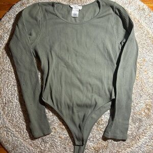 Olive Green Ribbed Long Sleeve Bodysuit